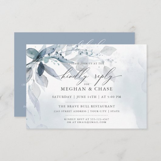 Dusty Blue Foliage CUSTOM RSVP DETAILS Uitnodiging (Voorkant / Achterkant)