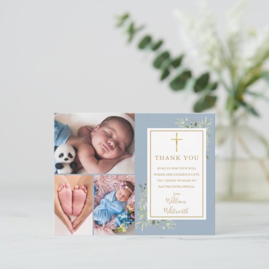 Dusty Blue Foliage Photo Collage Baptisme Hartelij Briefkaart (Staand voorkant)