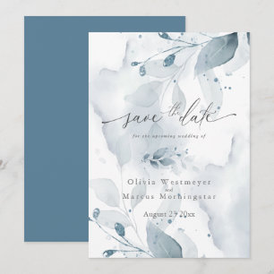 Dusty Blue Foliage Save the Date Kaart