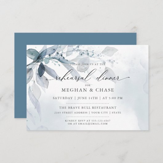 Dusty Blue Foliage Waterverf Rehearings Kaart (Voorkant / Achterkant)