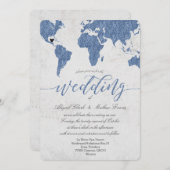 Dusty Blue Folie Wereldkaart Destination Wedding Kaart (Voorkant / Achterkant)