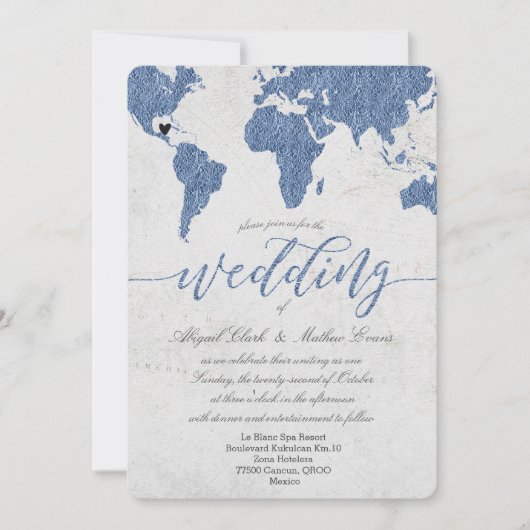 Dusty Blue Folie Wereldkaart Destination Wedding Kaart (Voorkant)