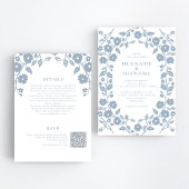 Dusty Blue Folk Floral QR RSVP All-in-One Wedding Kaart