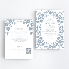 Dusty Blue Folk Floral QR RSVP All-in-One Wedding Kaart