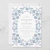 Dusty Blue Folk Floral QR RSVP All-in-One Wedding Kaart (Voorkant)