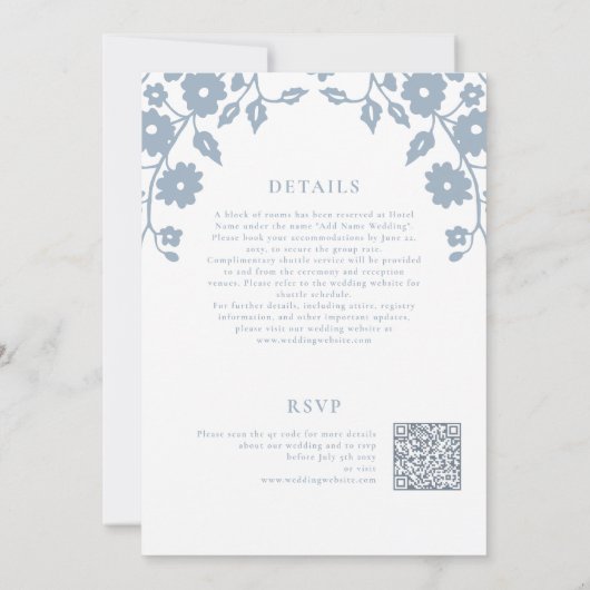 Dusty Blue Folk Floral QR RSVP All-in-One Wedding Kaart (Achterkant)