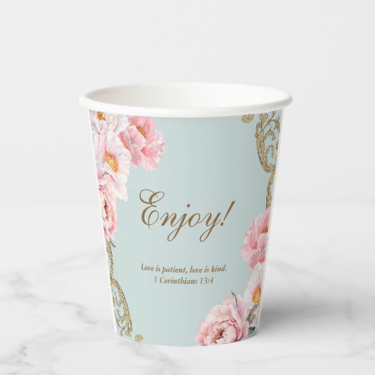 Dusty Blue Foral Peony Christian Bridal Shower Papieren Bekers (Voorkant)