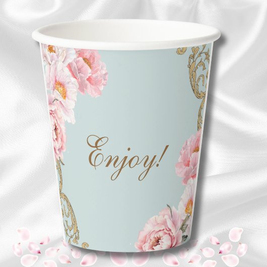 Dusty Blue Foral Rococo Peony Vrijgezellenfeest Papieren Bekers