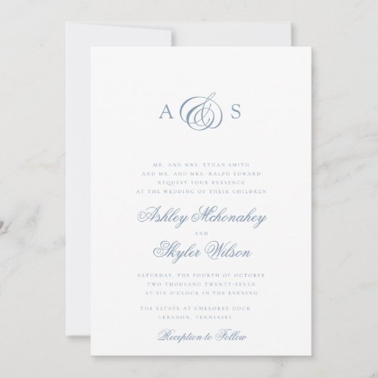 Dusty Blue Formele bruiloft uitnodiging (Voorkant)