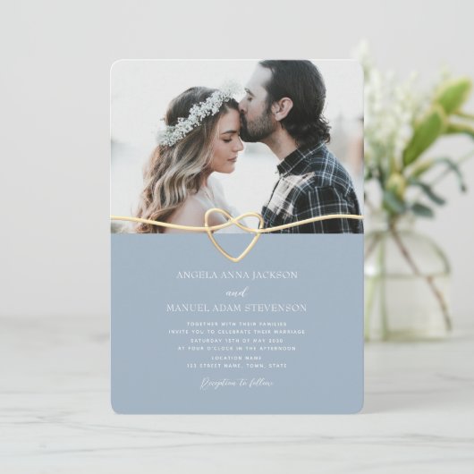 Dusty Blue foto bruiloft uitnodiging met QR-code (Staand voorkant)