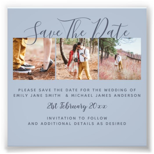 Dusty Blue FOTO Collage Save the Dates Weddenschap Foto Afdruk (Voorkant)