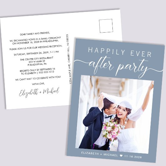 Dusty Blue Foto Elopement Bruiloft Receptie Uitnodiging Briefkaart
