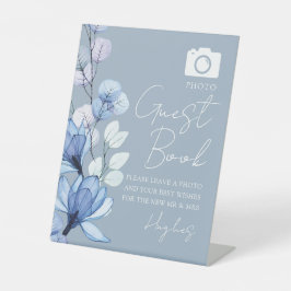 Dusty Blue Foto Gastenboek Bloemenbruiloft Reclamebord Met Voetstuk