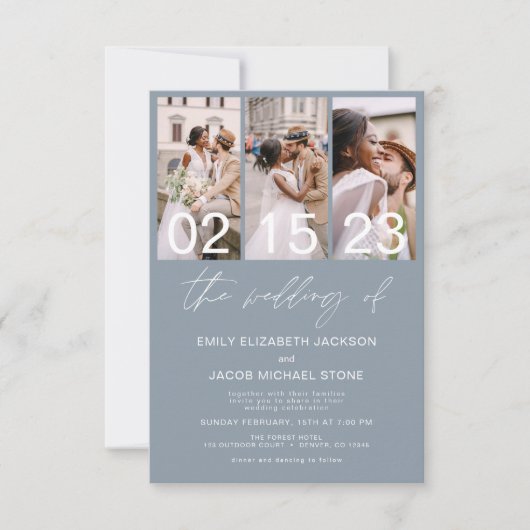 Dusty Blue Foto QR-code Bruiloft Minimalist Kaart (Voorkant)