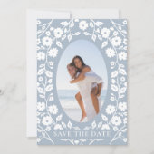 Dusty Blue Foto QR Website White Folk Floral Save The Date (Voorkant)