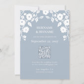 Dusty Blue Foto QR Website White Folk Floral Save The Date (Achterkant)
