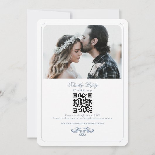  Dusty Blue Fotohuwelijksuitnodiging met QR Kaart (Achterkant)