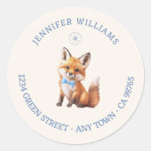 Dusty Blue Fox Woodland Baby shower Adreslabel Ronde Sticker (Voorkant)