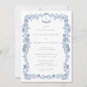 Dusty Blue Franse Toile Bloemen Bow Lijst bruiloft Kaart (Voorkant)