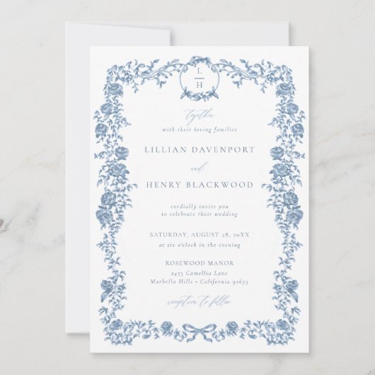 Dusty Blue Franse Toile Bloemen Bow Lijst bruiloft Kaart (Voorkant)