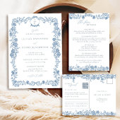 Dusty Blue Franse Toile Bloemen Bow Lijst bruiloft Kaart