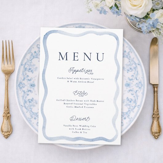 Dusty Blue French Estate Wedding Menu Card Kaart