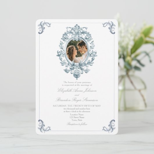 Dusty Blue French Rococo Wedding Kaart (Staand voorkant)