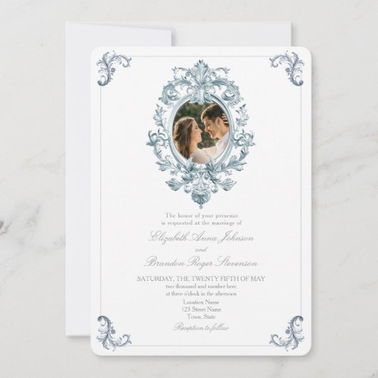 Dusty Blue French Rococo Wedding Kaart (Voorkant)