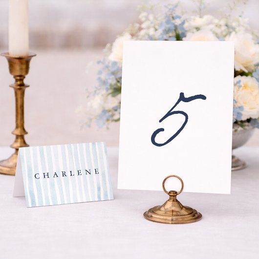 Dusty Blue French Stripe Wedding Table Number 5 Kaart
