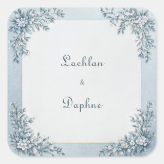 Dusty Blue Frost Botanical Gold Frame Wedding Vierkante Sticker