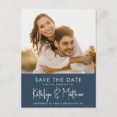 Dusty Blue Fun Script Modern Photo Weddenschap Sav Aankondigingskaart (Voorkant)