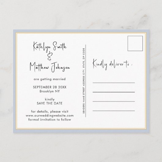 Dusty Blue Fun Script Modern Photo Wedding Aankondigingskaart (Achterkant)