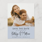 Dusty Blue Fun Script Modern Photo Wedding Aankondigingskaart (Voorkant)