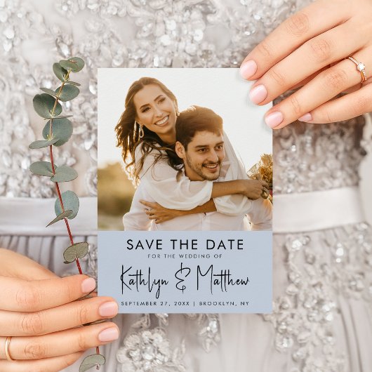 Dusty Blue Fun Script Modern Photo Wedding Aankondigingskaart