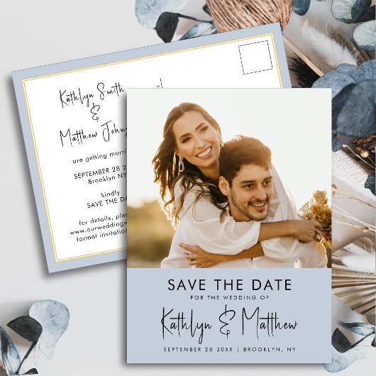 Dusty Blue Fun Script Modern Photo Wedding Aankondigingskaart
