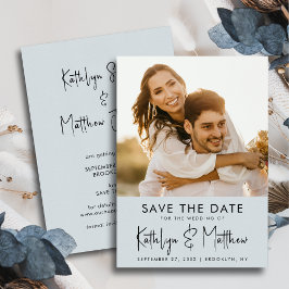 Dusty Blue Fun Script Modern Photo Wedding Save The Date