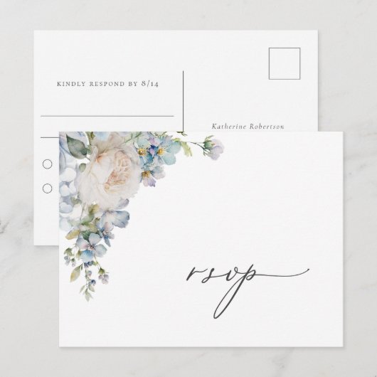 Dusty Blue Garden Floral RSVP Briefkaart (Voorkant / Achterkant)