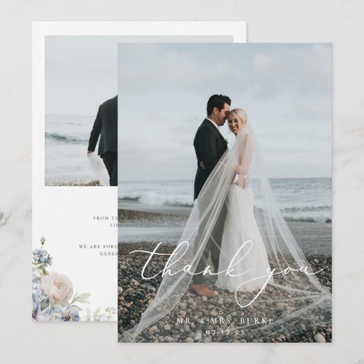 Dusty Blue Garden Floral Wedding Foto Bedankkaart (Voorkant / Achterkant)