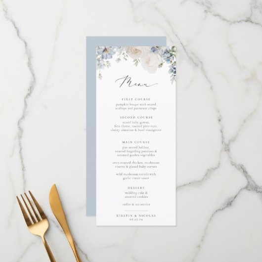 Dusty Blue Garden Floral Wedding Menu (Voorkant / Achterkant in situ)