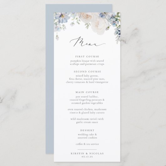 Dusty Blue Garden Floral Wedding Menu (Voorkant / Achterkant)