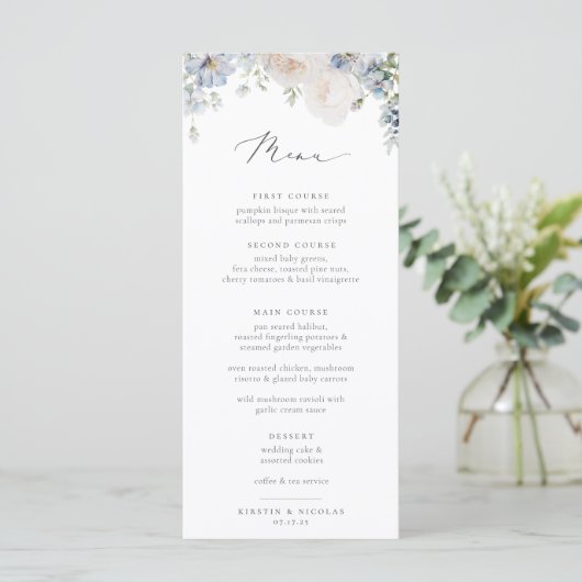 Dusty Blue Garden Floral Wedding Menu (Staand voorkant)