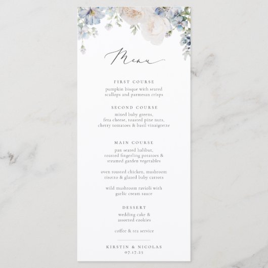 Dusty Blue Garden Floral Wedding Menu (Voorkant)
