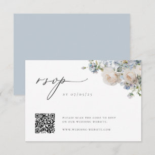 Dusty Blue Garden Floral Wedding QR Code RSVP Kaartje