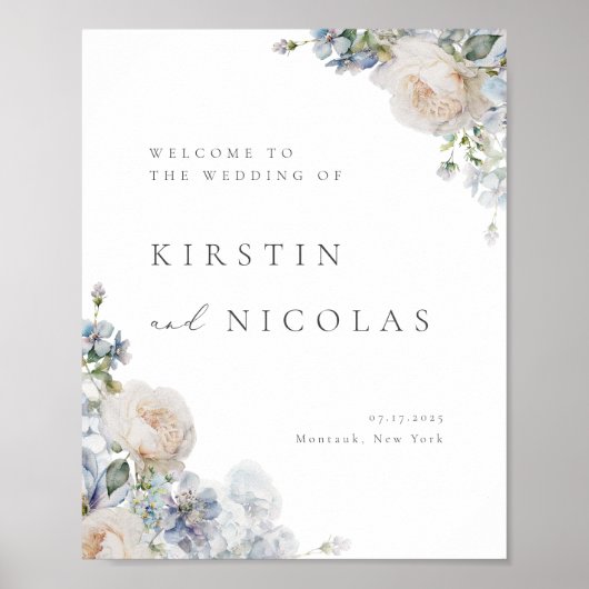 Dusty Blue Garden Floral Wedding Welcome Poster (Voorkant)