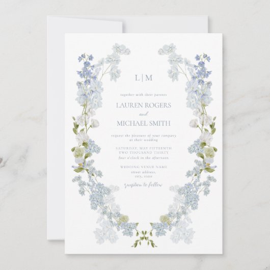  Dusty Blue Garden Monogram Details Huwelijk Kaart (Voorkant)