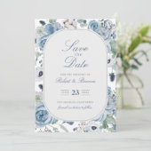 Dusty Blue Garden Rozen Bruiloft Save the Date Kaart (Staand voorkant)