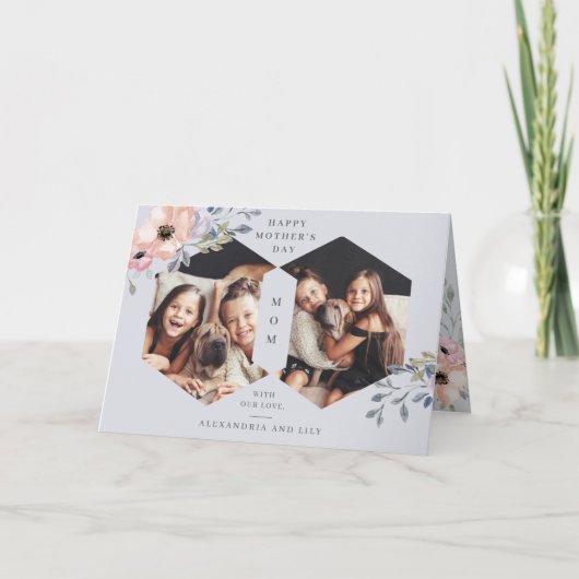 Dusty Blue Geometric Floral | Foto Moederdag Kaart (Voorkant)