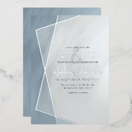 dusty blue geometric typografie bruiloft zilver folie uitnodiging