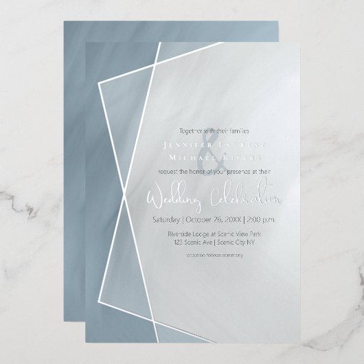dusty blue geometric typografie bruiloft zilver folie uitnodiging (Voorkant / Achterkant)