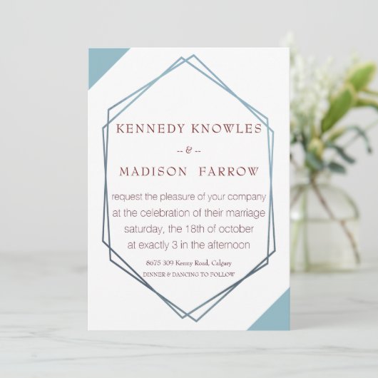 Dusty Blue Geometric Wedding Invitation Kaart (Staand voorkant)